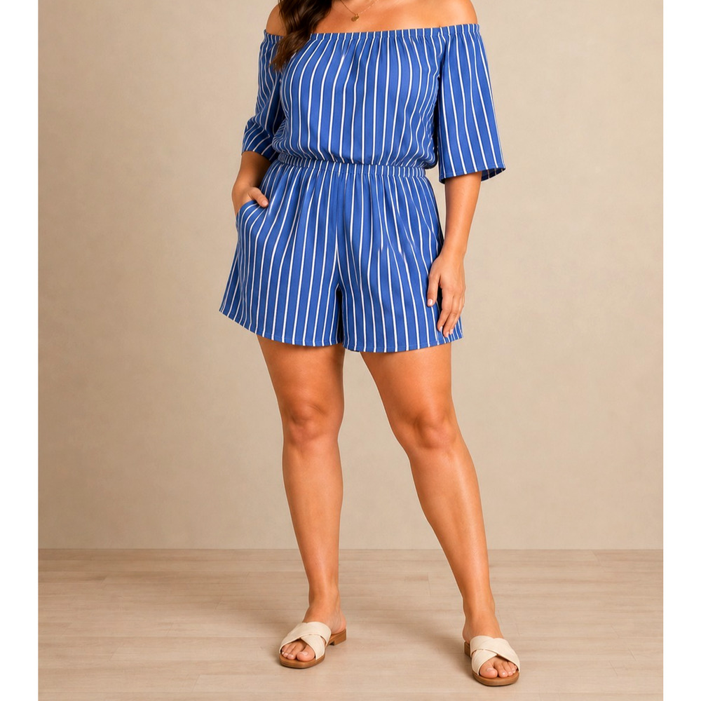 Coastal Chic Romper Shorts Off Shoulder Womens 3X Blue White Striped Nautical
